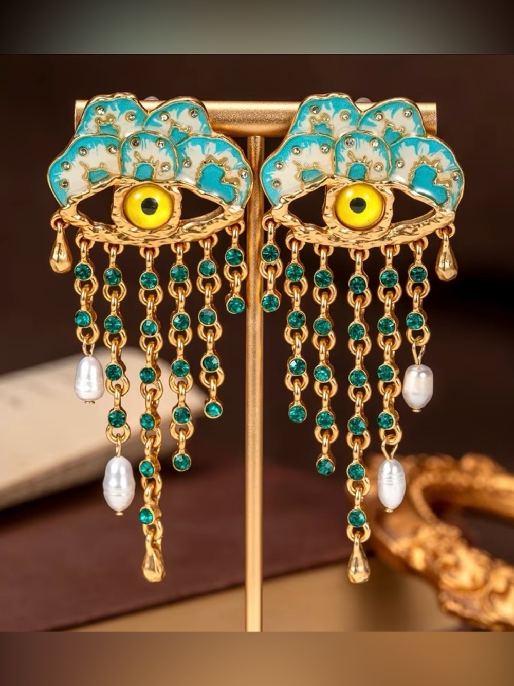 Schiaparelli Inspired Gold-Tone Turquoise Eye Drop Earrings